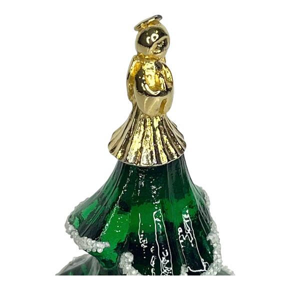 Fenton Glass CHRISTMAS TREE FIGURINE 6.5" LG Green Snow Frosted Gold Angel - Picture 2 of 8
